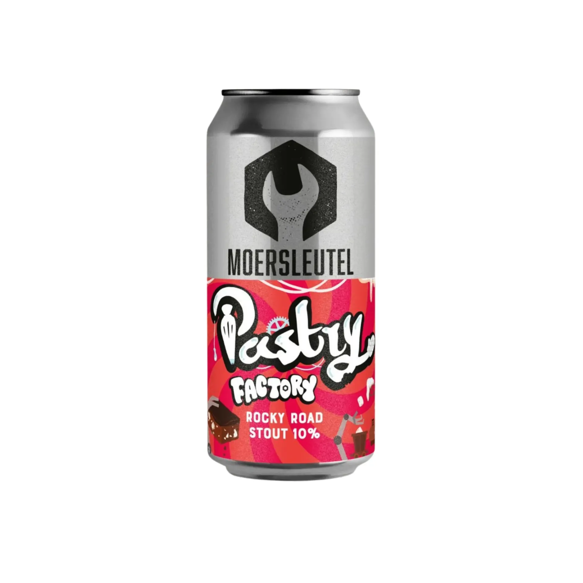 Blik Pastry Factory bier van Moersleutel, rocky road stout van 10% met vrolijk rood dessertdesign