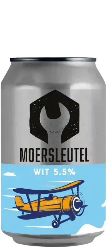 Wit bier van Moersleutel met 5.5% alcohol, zilverkleurig blik met gele vliegtuigillustratie en blauwe lucht