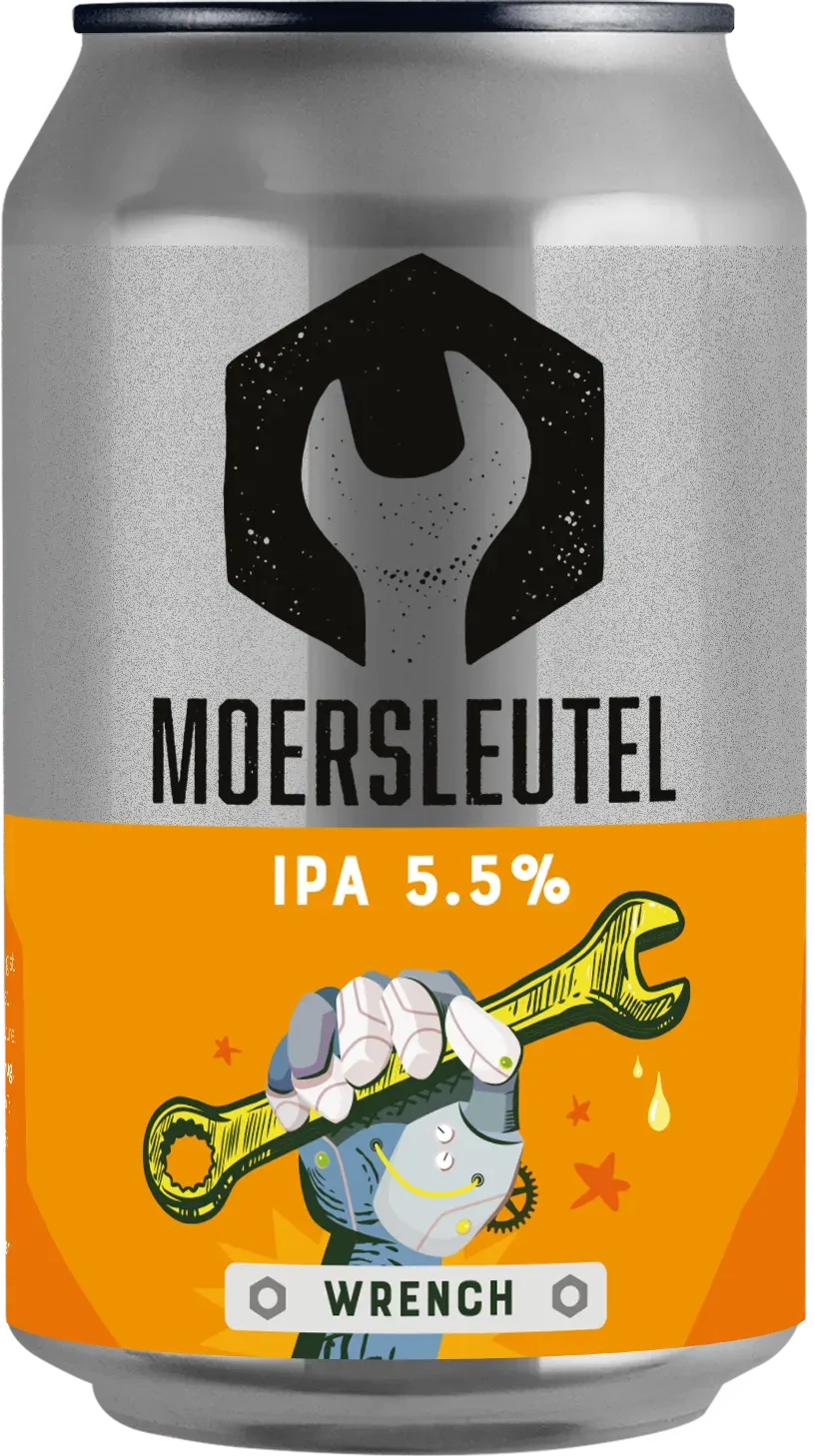 Oranje blik Wrench bier van Moersleutel met robotarm en steeksleutel, frisse IPA bier met 5,5% alcohol en stoer bierdesign.