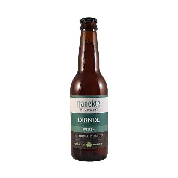 Bruin bier flesje met etiket van Naeckte Brouwers, DIRNDL Weizen, biologisch 5,2%