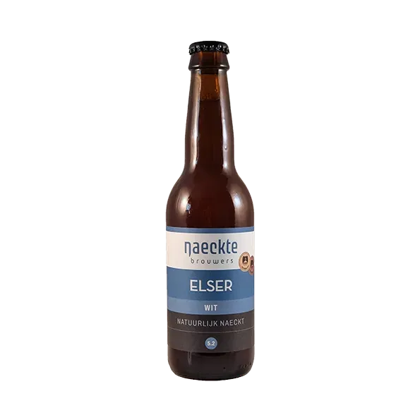 Donkere bier fles van Naeckte Brouwers met blauw etiket en de naam Elser. Wit van 5,2%. Helder, fris bier met karakter.