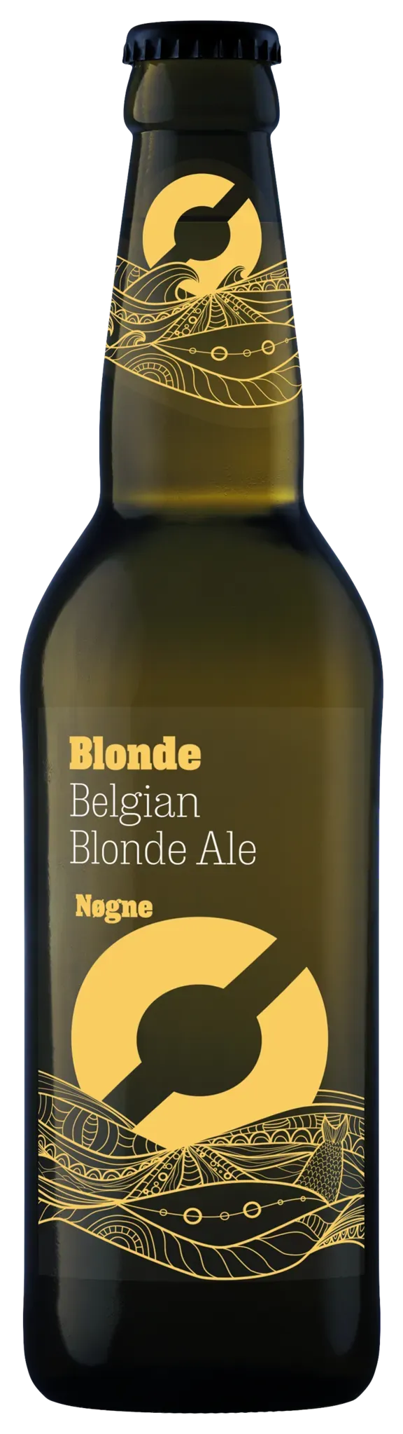 Donkere fles Nøgne Belgian Blonde Ale bier met modern geel logo en golvend lijnenspel op het etiket.