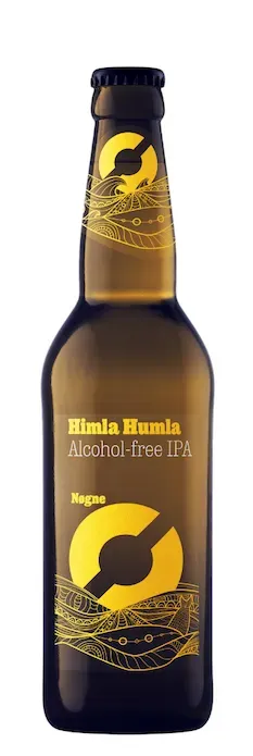 Himla Humla bier van Nøgne alcoholvrije IPA in bruine bier fles met geel label en ronde vorm, hoppig en bitter speciaalbier.