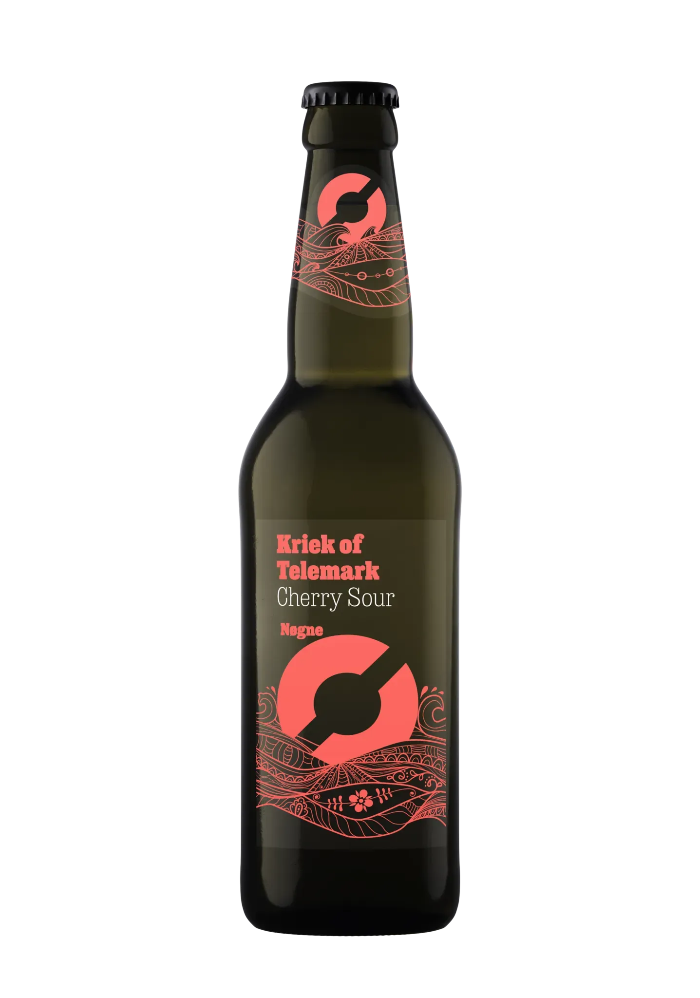 Donkere fles Kriek of Telemark cherry sour bier met roze opdruk en grafisch kersenmotief, stijlvol en modern etiket.
