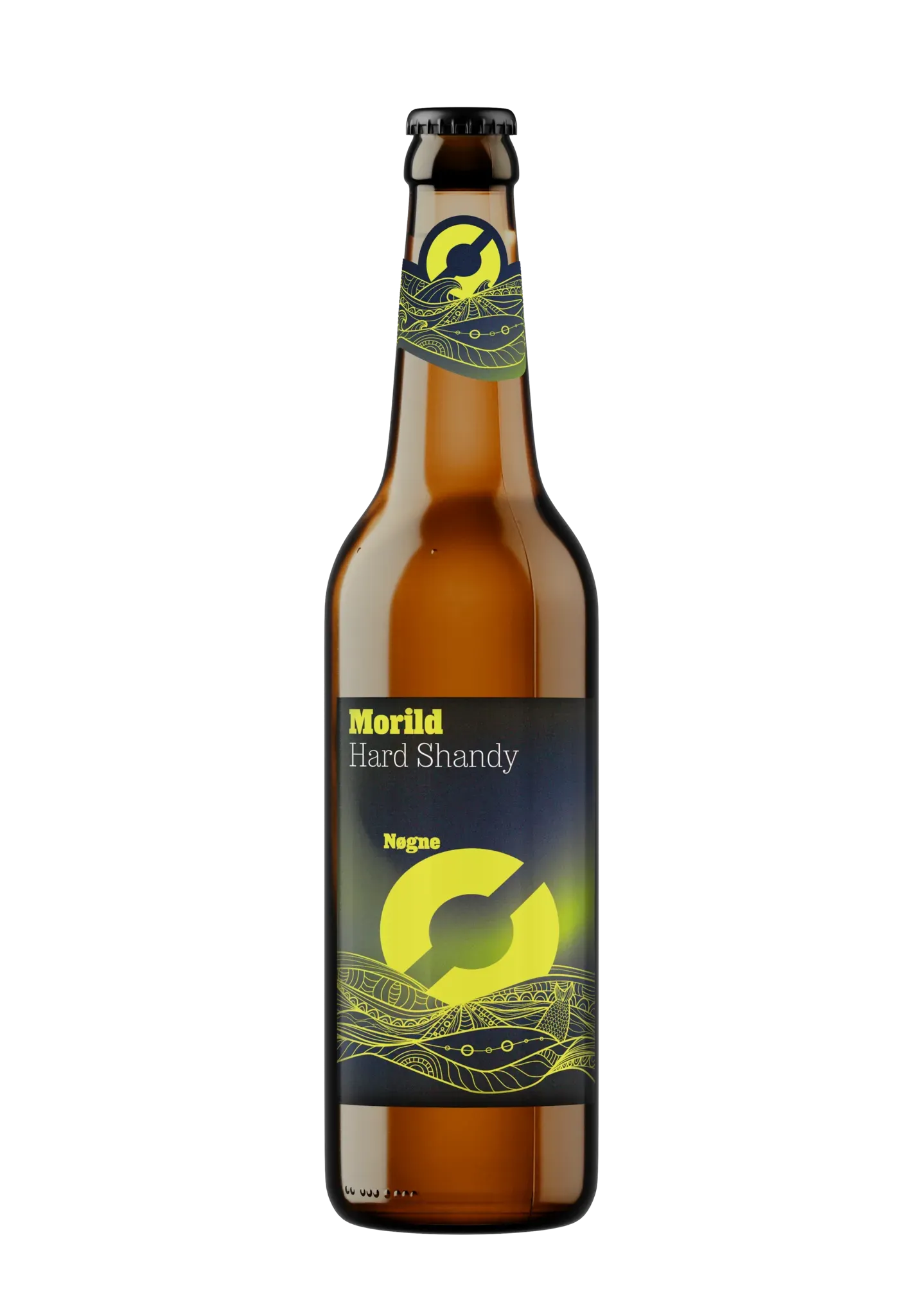 Fles Nøgne Ø Morild Hard Shandy bier met donker etiket en felgeel logo op zwarte achtergrond