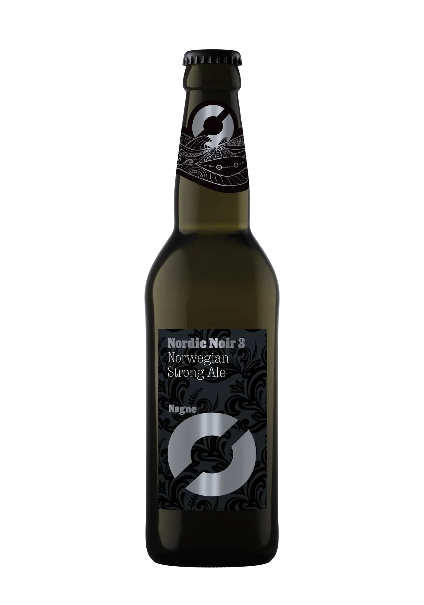 Fles Nordic Noir 3 bier van Nøgne Ø met zwart etiket en zilverkleurig logo, krachtige Norwegian Strong Ale