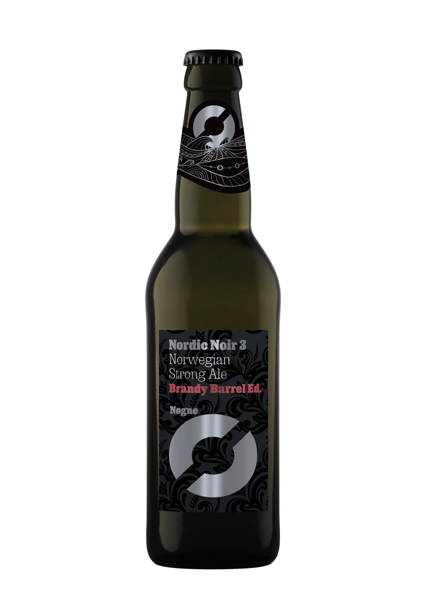 Nogne Nordic Noir 3 bier – Brandy Barrel Edition, Norwegian Strong Ale in zwarte fles met zilver en rode accenten, bier.