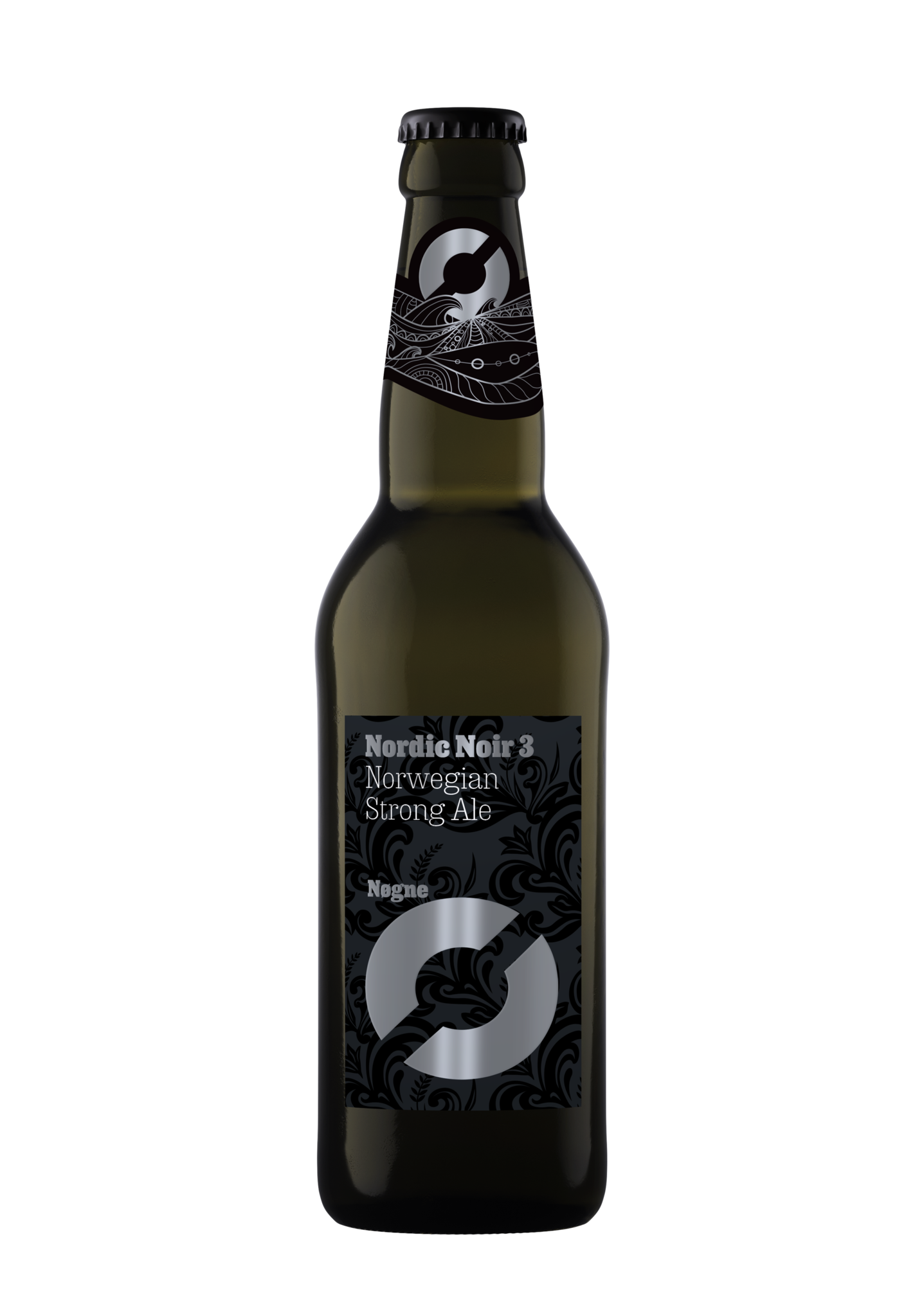 Nogne Nordic Noir 3 bierfles – Norwegian Strong Ale bier met zwart designetiket en zilveren logo, stijlvolle uitstraling.