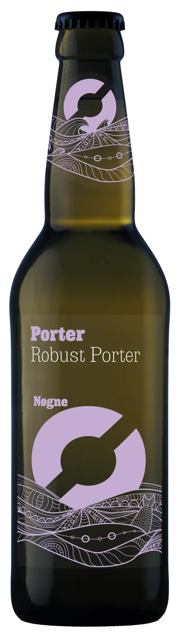 Fles Robust Porter bier van Nøgne Ø met paars etiket en grafische golven, klassieke porter in donkere fles