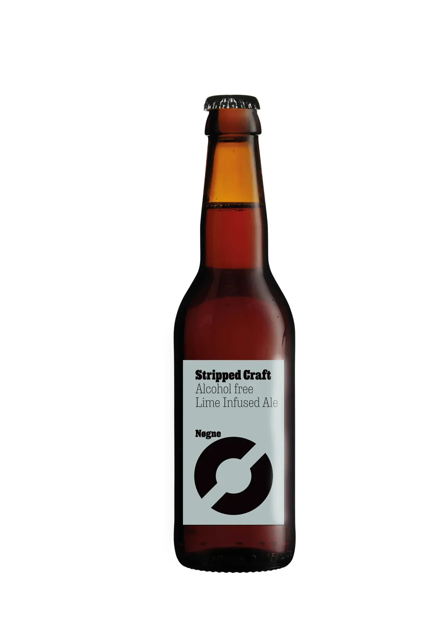 Svart/hvit bier van Nøgne – alcoholvrije milk stout in bruine fles met wit label, romige stijl en diepe, donkere smaak.
