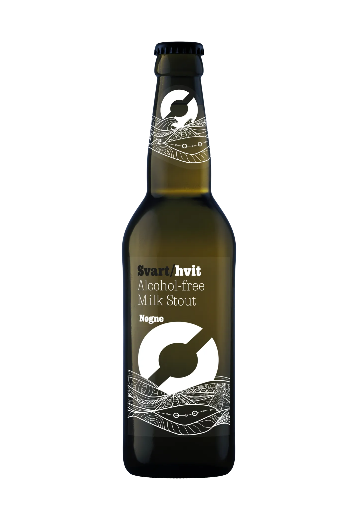 Svart/hvit bier van Nøgne – alcoholvrije milk stout in bruine bier fles met wit label, romige stijl en diepe, donkere smaak.