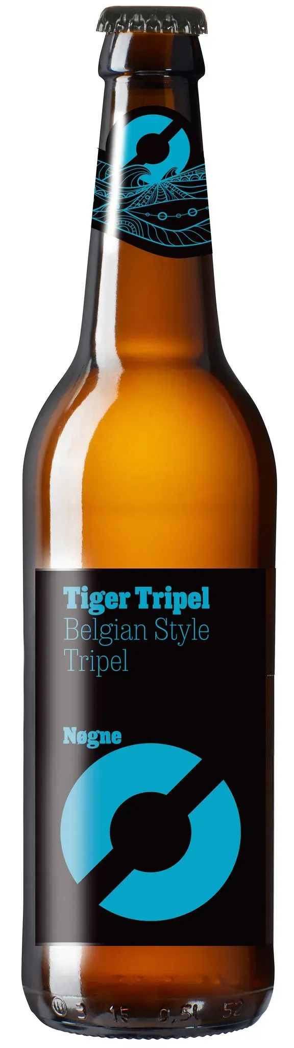 Amberkleurige fles met zwart-blauw etiket van Nøgne Tiger Tripel, een Belgische stijl tripel met moderne uitstraling.