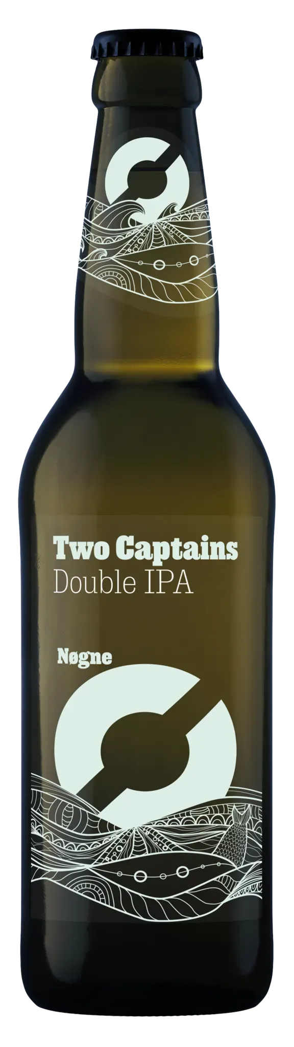 Donker bierflesje met nautisch ontwerp en groot wit logo van Nøgne – Two Captains is een krachtige Double IPA bier stijl.