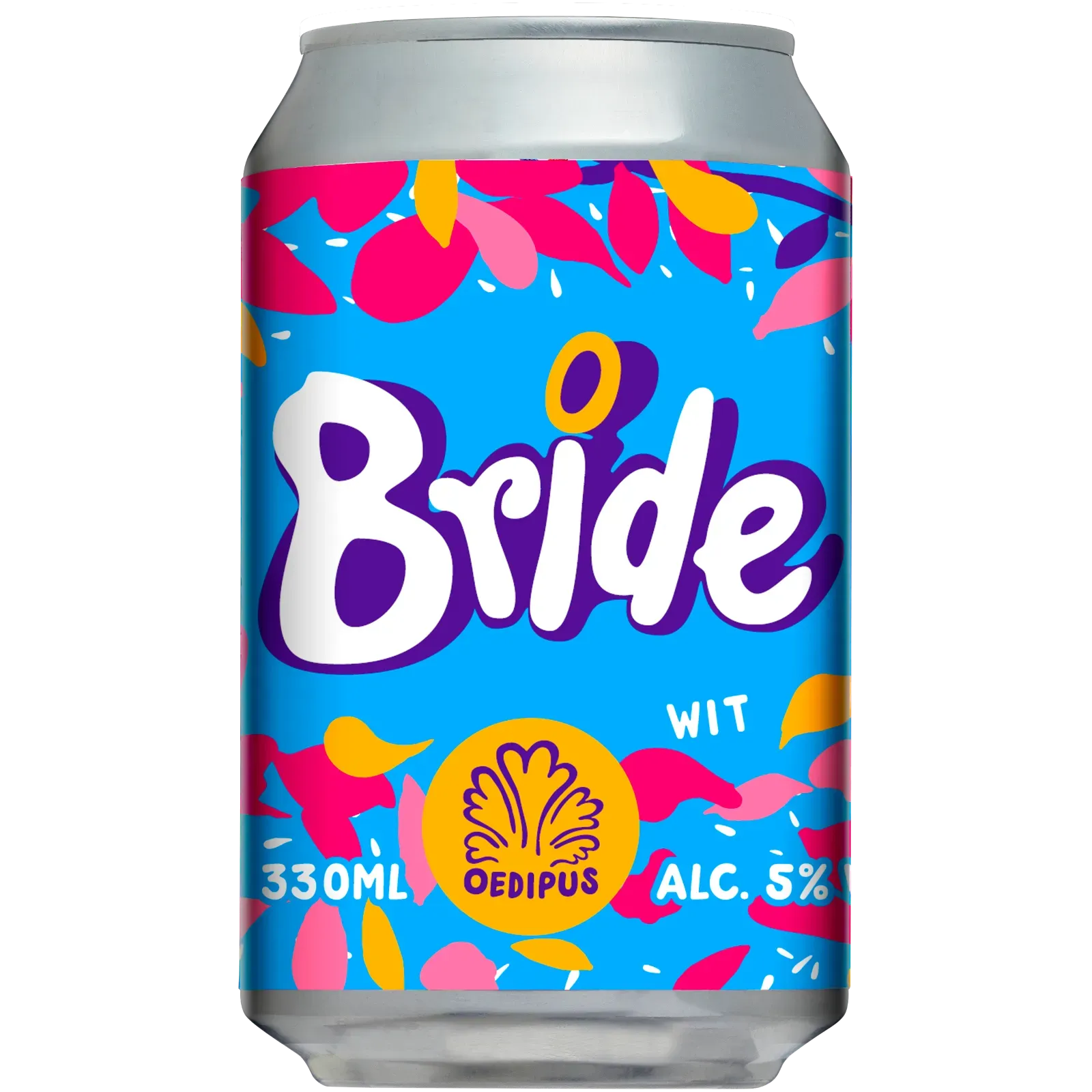 Blik bier Bride witbier van Oedipus met kleurrijk blauw, roze en geel etiket en speels lettertype
