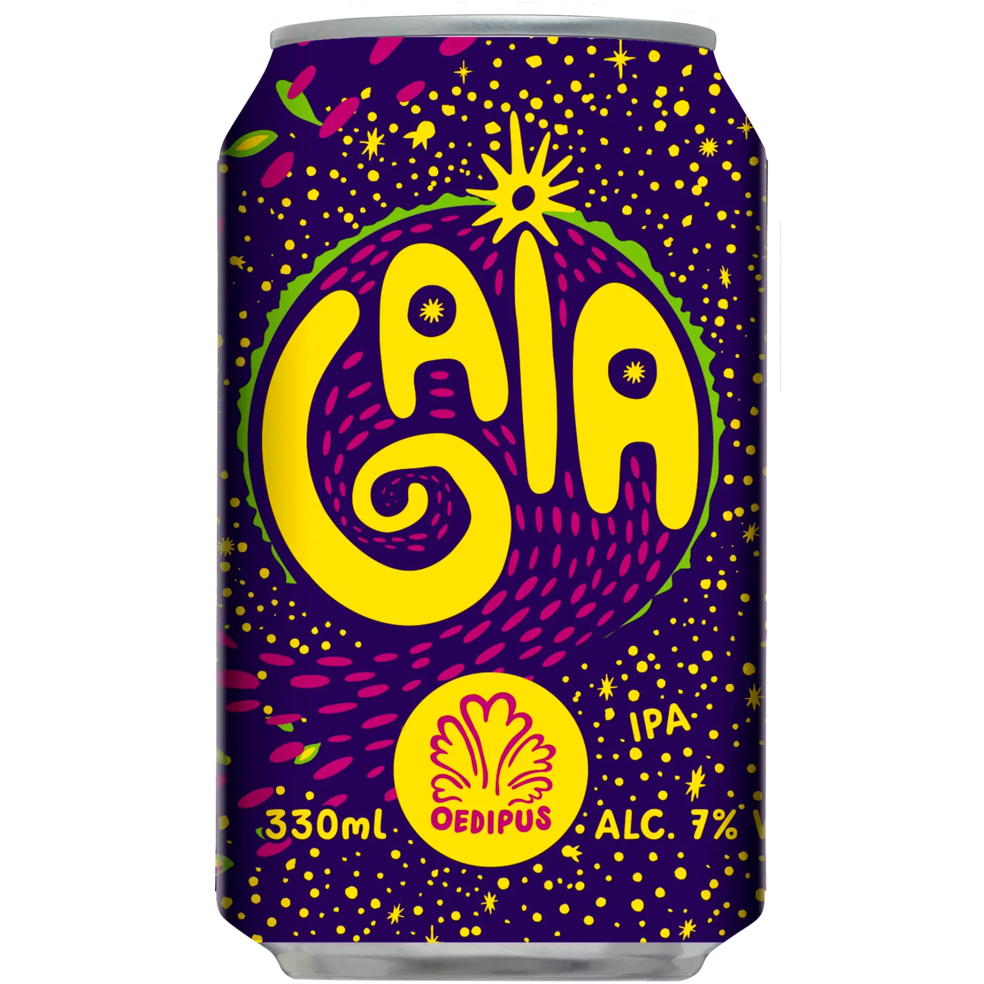 Paars blik Gaia bier van Oedipus met psychedelisch ontwerp, IPA bier met 7% alcohol en uitgesproken hoppig bierkarakter.