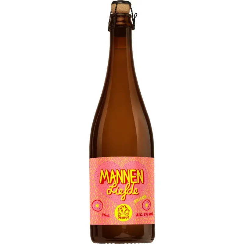 Grote fles Mannenliefde saison bier van Oedipus met kurk en roze label, kruidig en zomers speciaalbier van 75cl
