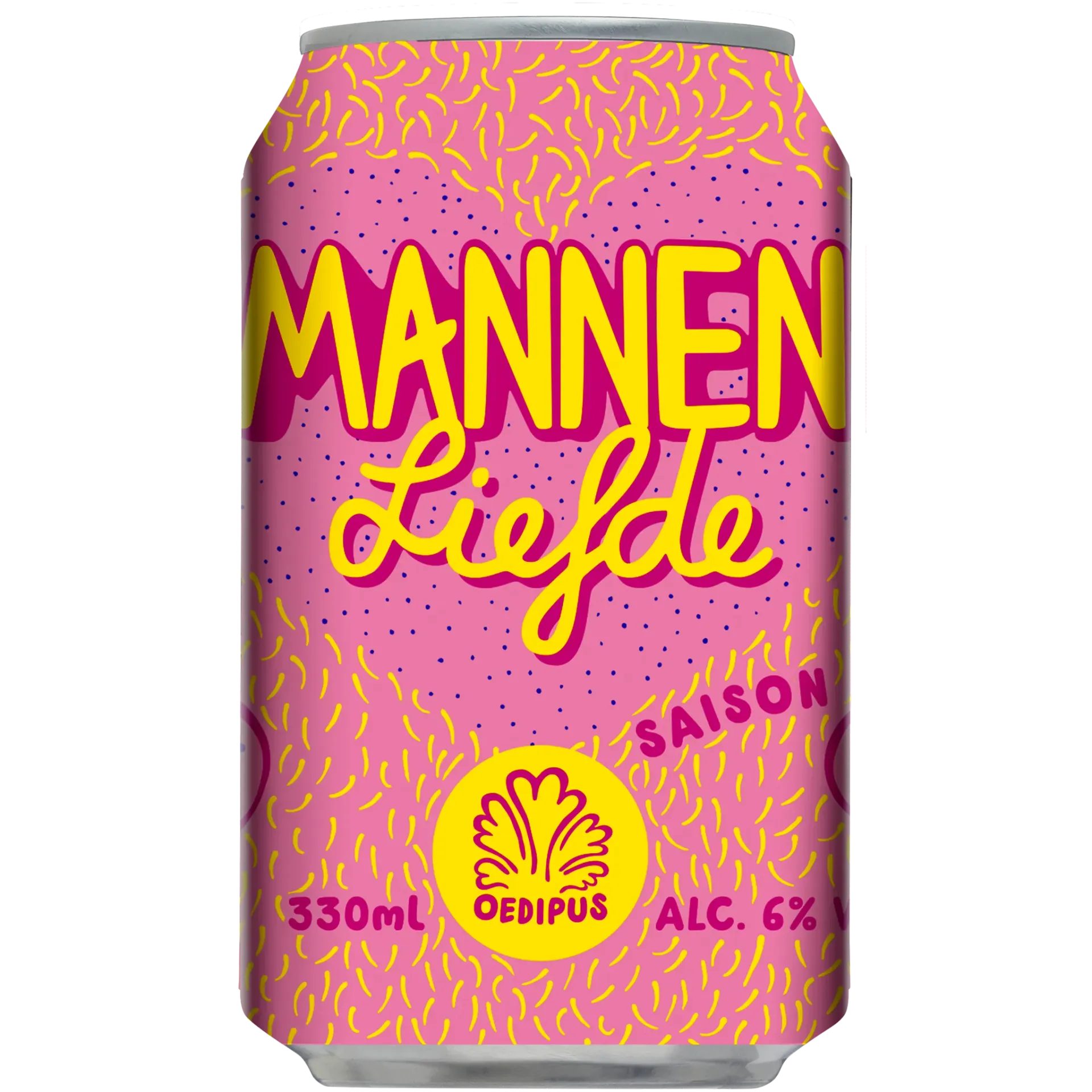 Roze blik Mannenliefde saison bier van Oedipus met geel-roze design, verfrissend speciaalbier met 6% alcohol