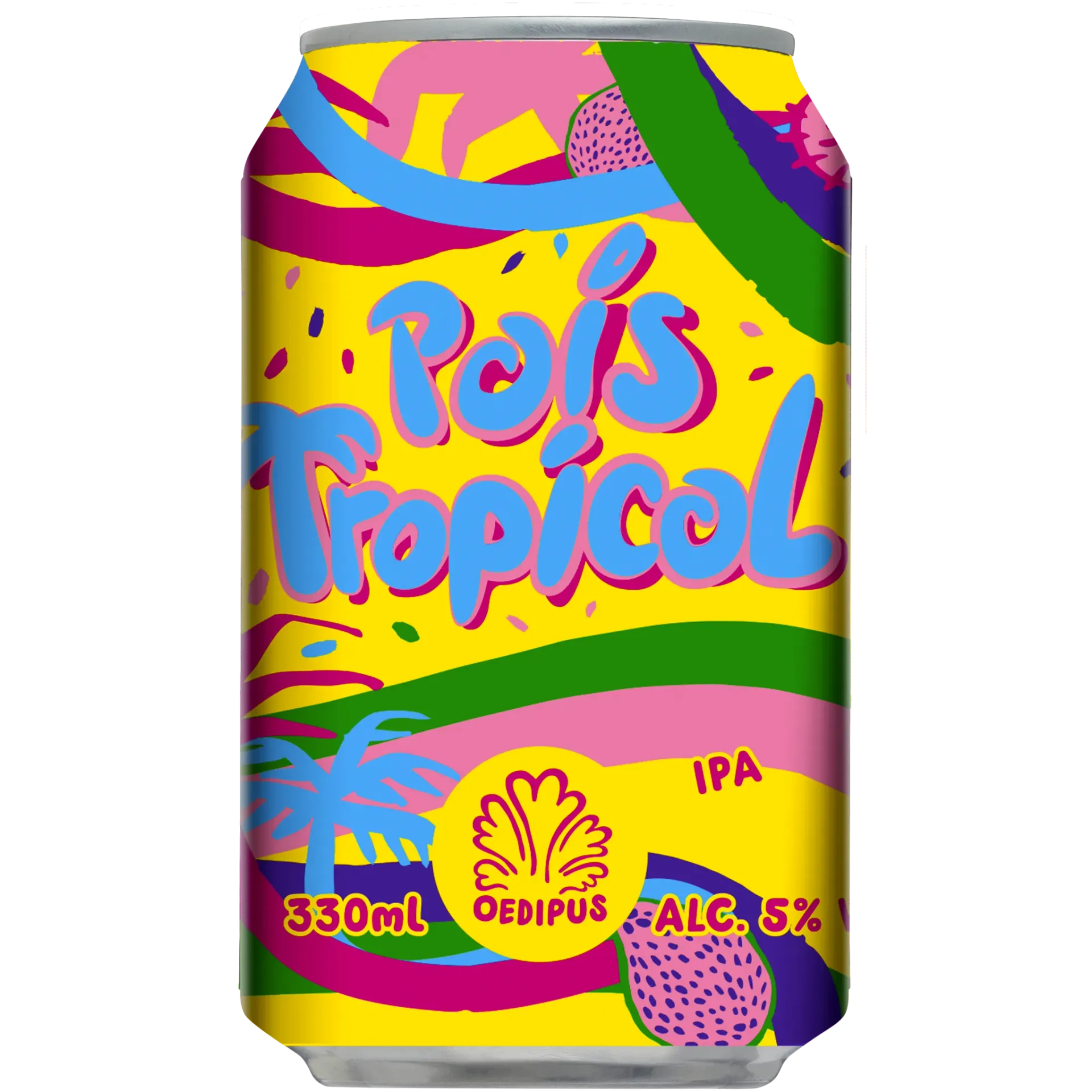 Felgekleurd bier blik van Oedipus met tropisch fruit en palmbomen, IPA bier in vrolijke stijl met zomerse  uitstraling