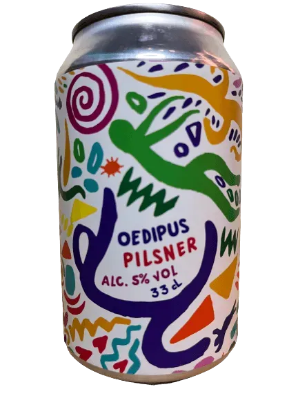 Blikje Oedipus Pilsner bier van 5% alcohol, met kleurrijk abstract etiket vol speelse vormen en lijnen op witte achtergrond.