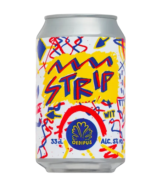 Kunstzinnig wit bier blik van Oedipus met stripachtig ontwerp in geel, blauw en rood. Fris, creatief en zomers bier.
