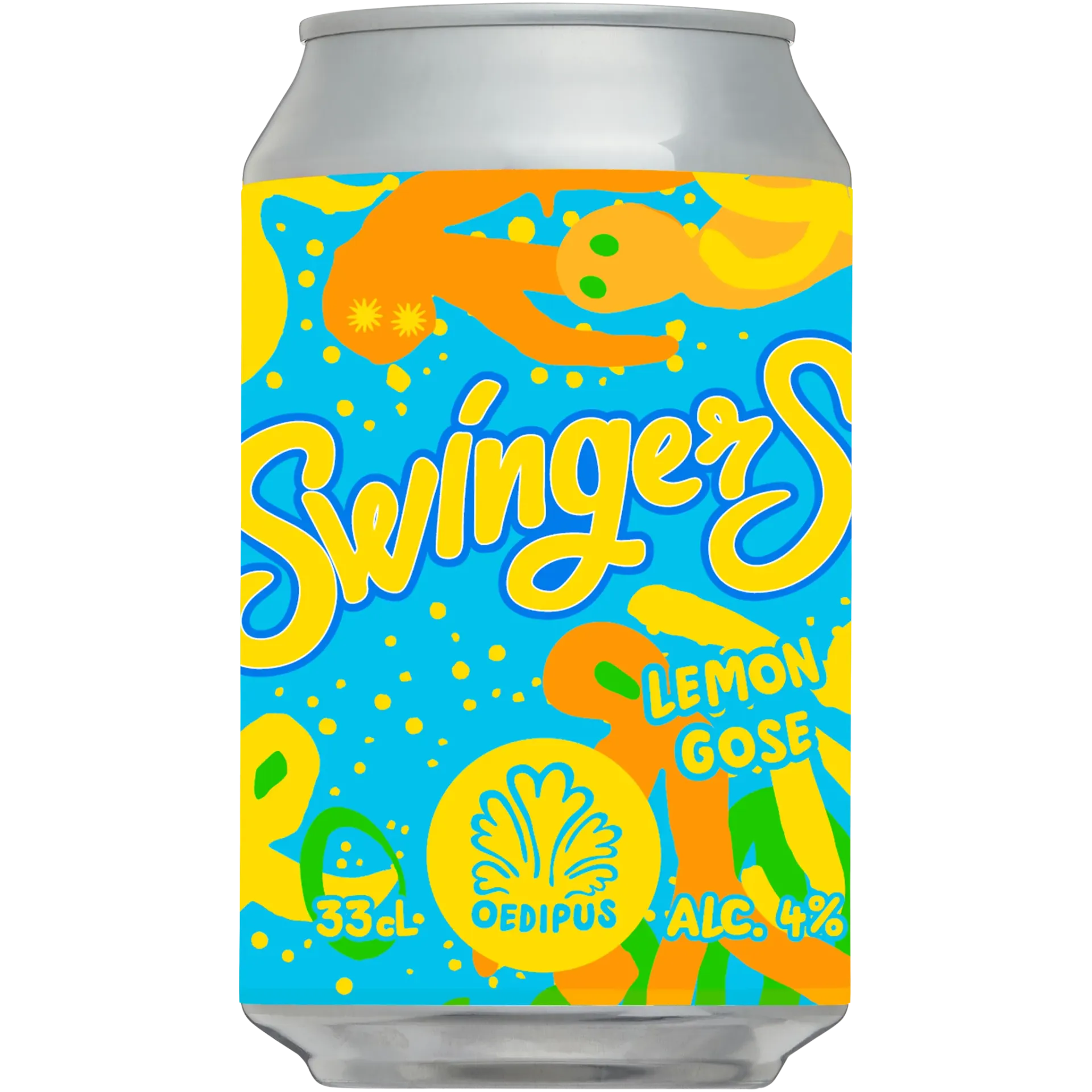 Blik Swingers lemon gose bier van Oedipus met blauw-geel label en speelse illustraties, fris en zomers speciaalbier