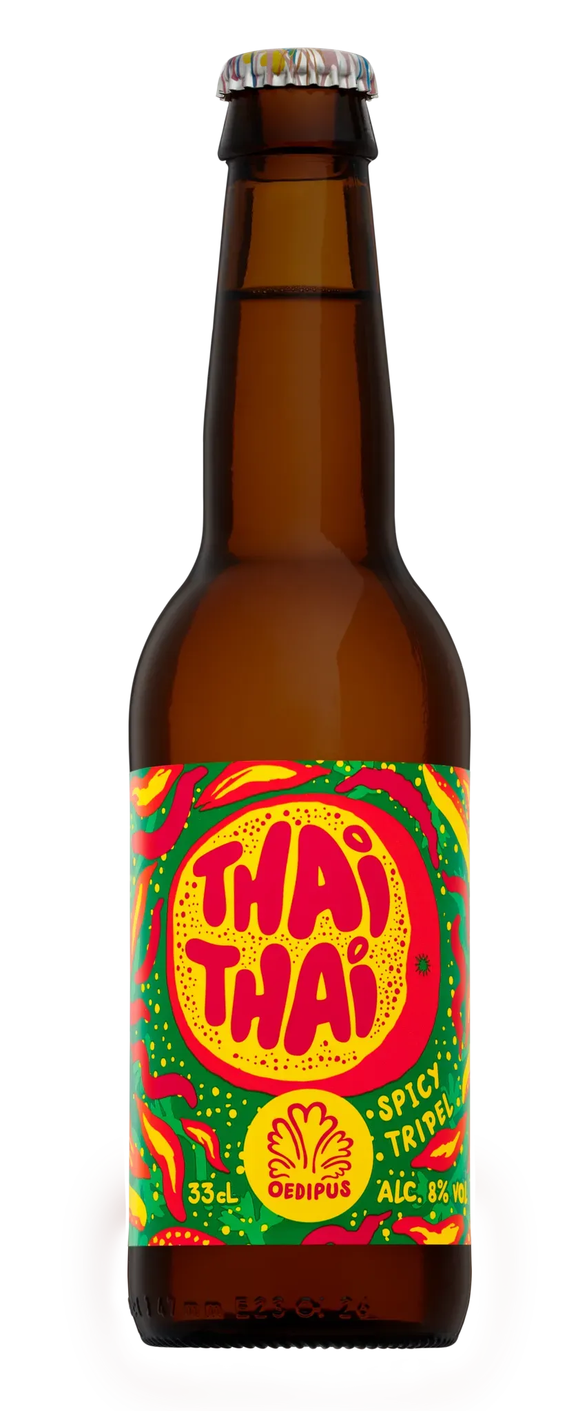Fles Thai Thai van Oedipus. Spicy tripel bier met pittige kruiden, chili en een kleurrijk exotisch etiket.
