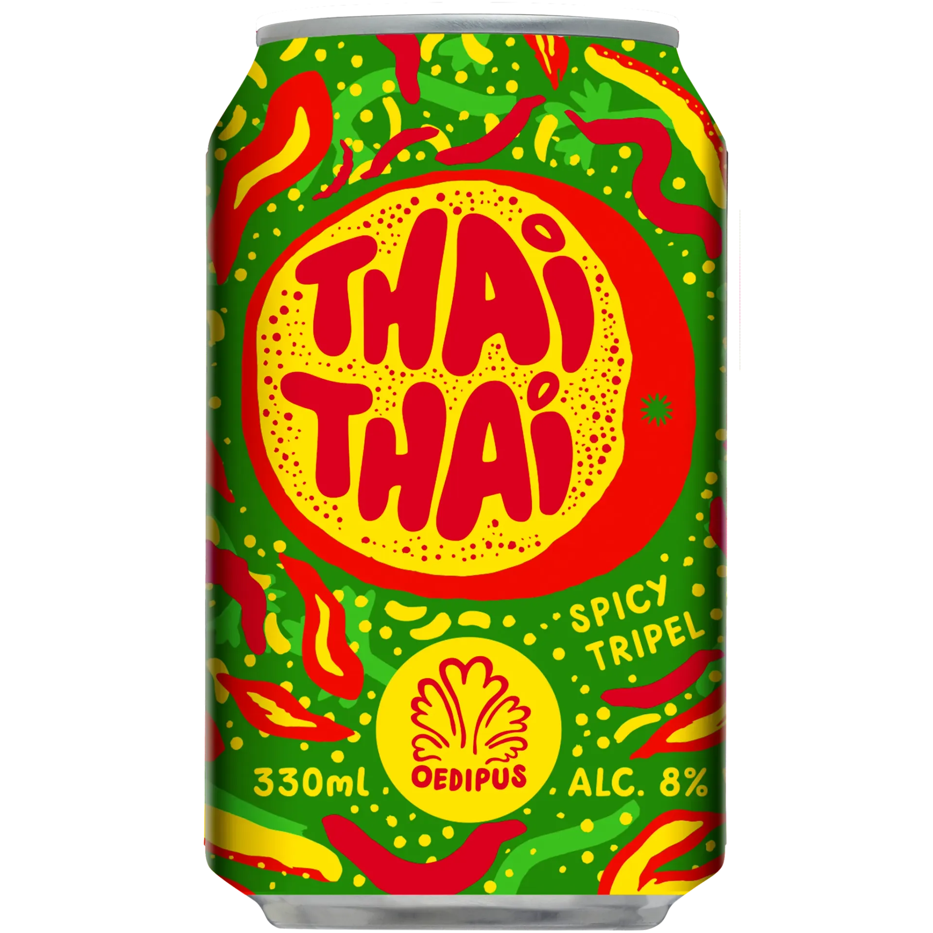 Kleurrijk blik Thai Thai van Oedipus. Spicy tripel bier met chili, citroengras en Thaise kruiden in tropisch design.