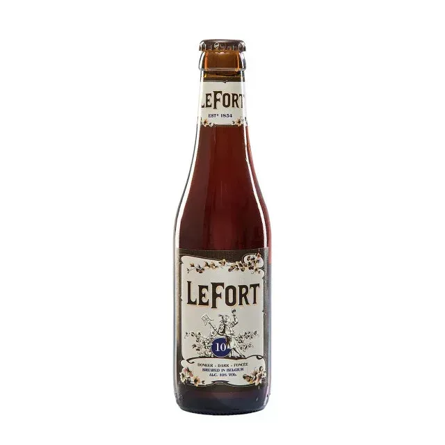 Fles LeFort bier met beige klassiek etiket en 10% alcohol, donker Belgisch bier van Brouwerij Omer