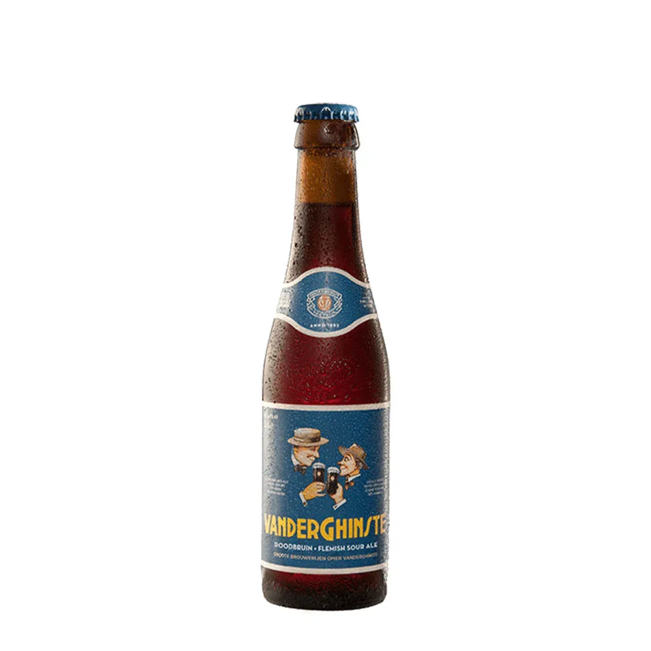 Flesje bier VanderGhinste Roodbruin bier met blauwe etiketten, licht beslagen door condens