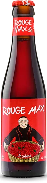 Rouge Max bier fles met rode monnik en kersenmand op etiket, fruitig kersen bier van Jacobins.