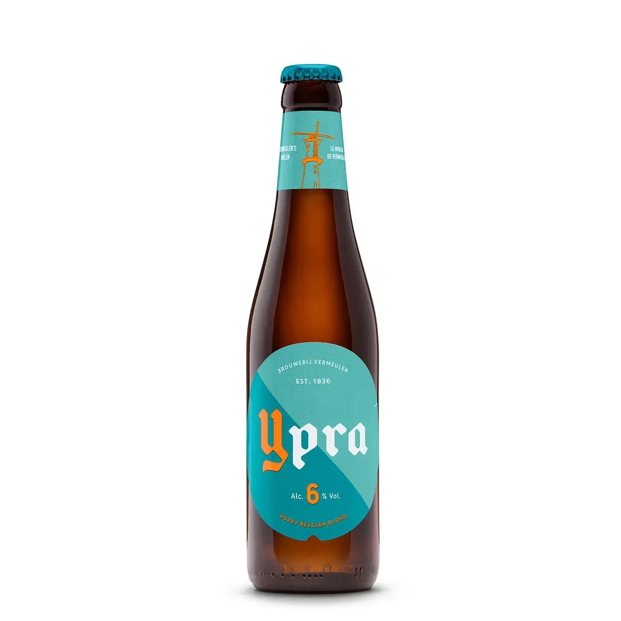 Ypra blond bier van Brouwerij Vermeulen in fles met turquoise etiket en oranje accenten. 6% alcohol.