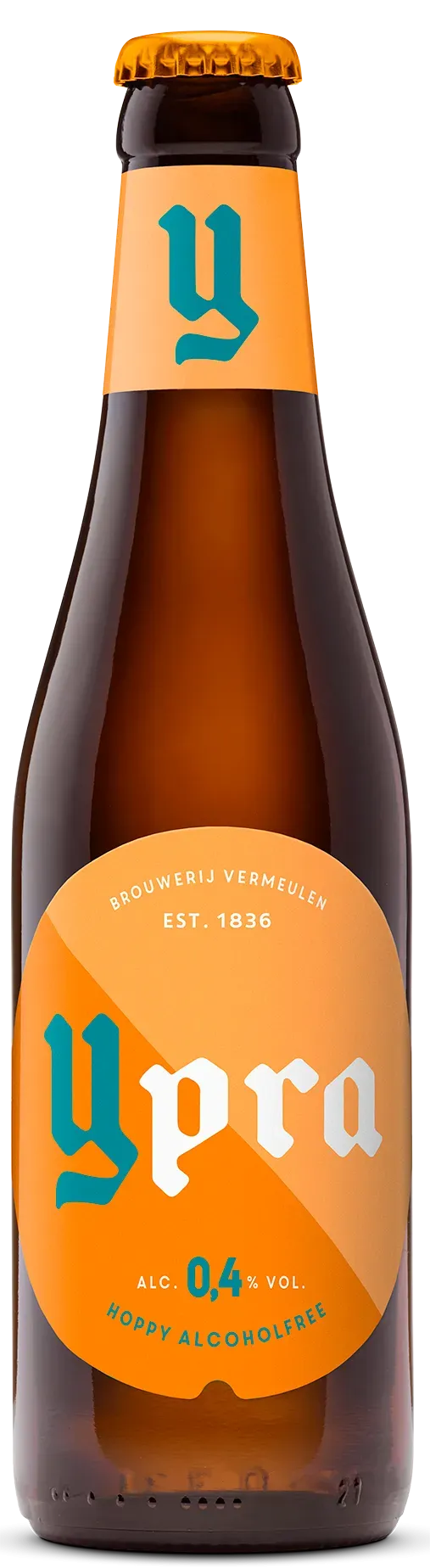 Fles Ypra bier 0.4% Hoppy Alcoholfree van Brouwerij Vermeulen met oranje etiket, alcoholarm bier met frisse hopsmaak