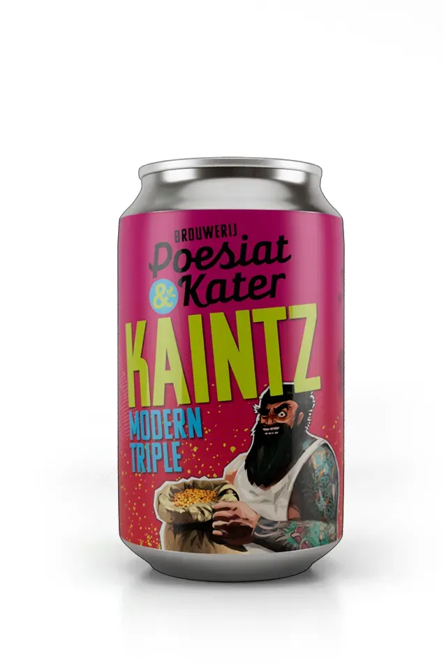 Blikje modern tripel bier van Poesiat & Kater met felroze etiket en stripfiguur met baard en tattoo die mout vasthoudt