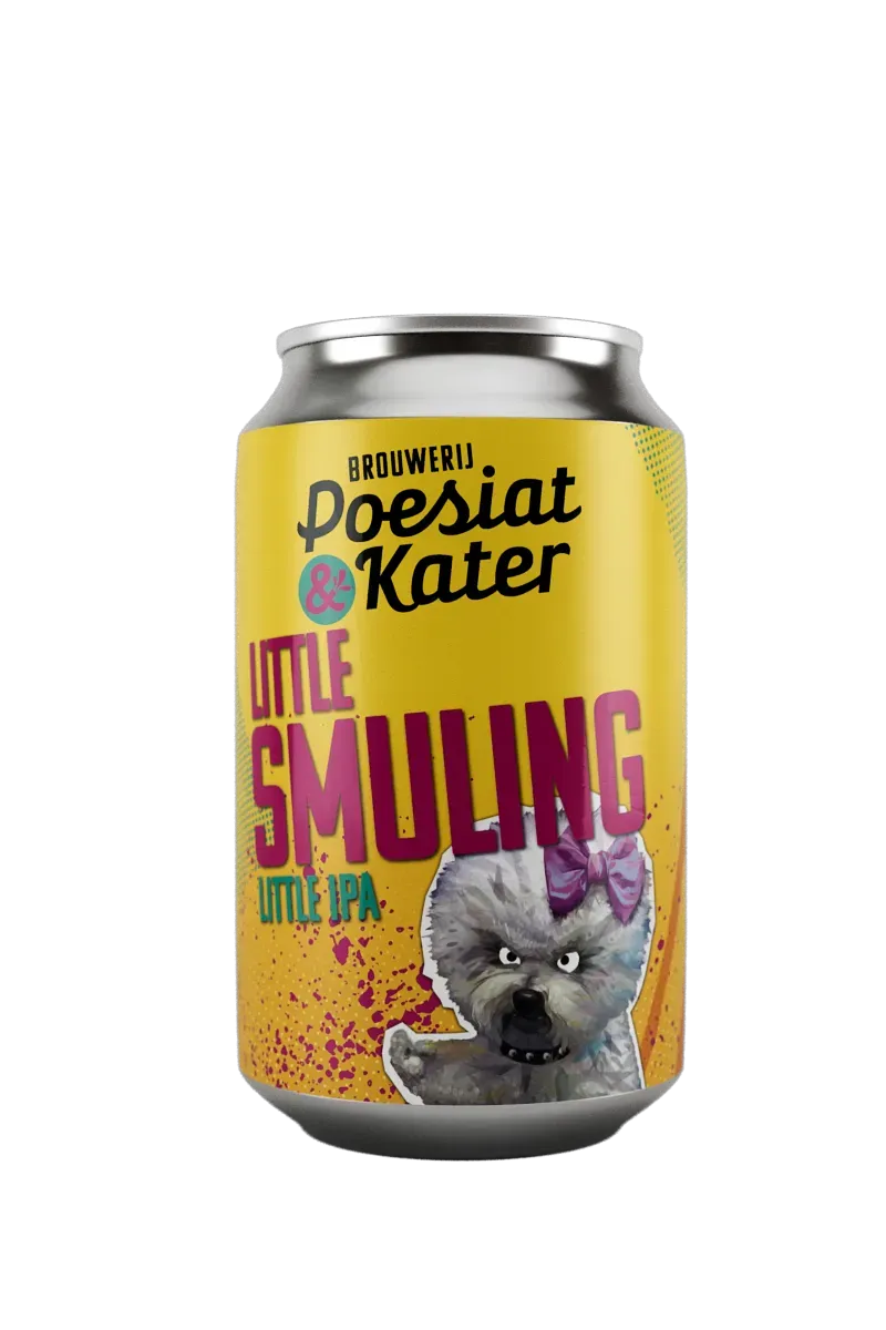 Geel blik Little Smuling bier van Poesiat & Kater met stoere hond, fruitige Little IPA met karakter en zacht bier profiel.
