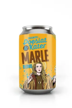 Blond bier van Poesiat & Kater in geel blik met illustratie van vrouwfiguur. Fris en speels bier.