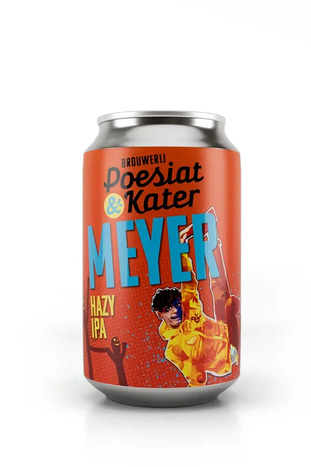 Meyer Hazy IPA van Poesiat & Kater in kleurrijk blik, een fris en troebel bier met fruitige stijl, voor liefhebbers van bier.