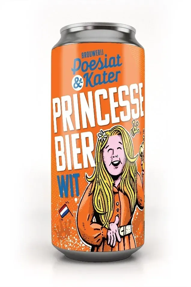 Blik Princesse Bier Wit van brouwerij Poesiat & Kater met oranje achtergrond en illustratie van lachende prinses in  jurk