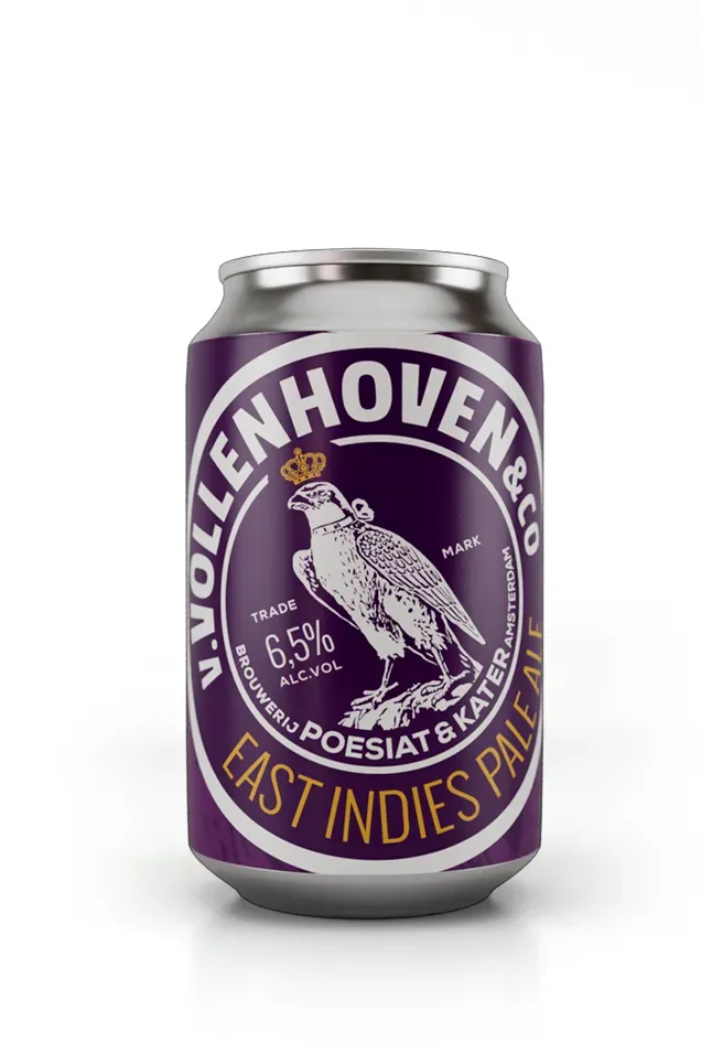 Paars blik East Indies Pale Ale bier van Vollenhoven & Co, klassiek IPA bier met 6,5% alcohol en koninklijke uitstraling.