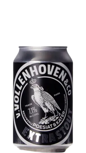 Blik Vollenhoven Extra Stout bier van Poesiat & Kater, 7,1% stout met zilveren adelaar op zwart design