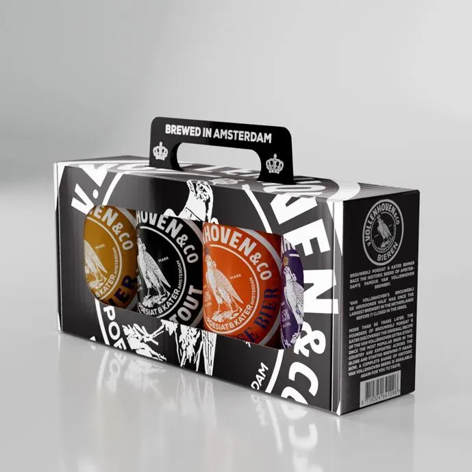 Vollenhoven & Co bier pakket van Poesiat & Kater met 4 klassieke bieren in zwart-witte draagdoos bier gebrouwen in Amsterdam