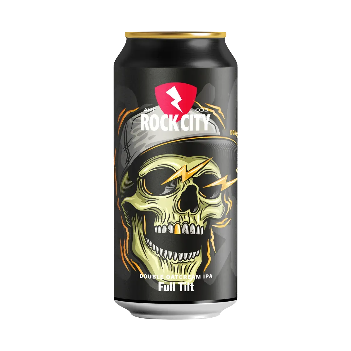 Blik bier Rock City Full Tilt met schedel en bliksemschichten, opvallend design voor Double Oatcream IPA bier.