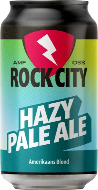 Rock City Hazy Pale Ale bier blik in blauwgroene kleur met bliksemschichtlogo – Amerikaans blond bier met frisse uitstraling