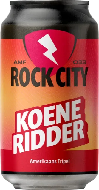 Blikje Amerikaans tripel bier van Rock City met rood-geel etiket en witte bliksem op modern schildlogo