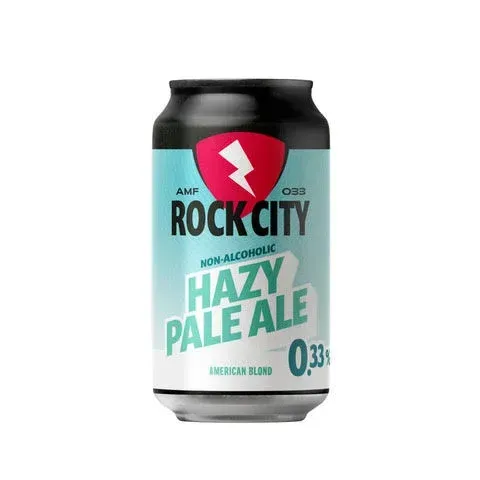 Blik Rock City Hazy Pale Ale non-alcoholic bier met rood schildlogo en turquoise etiket met witte accenten