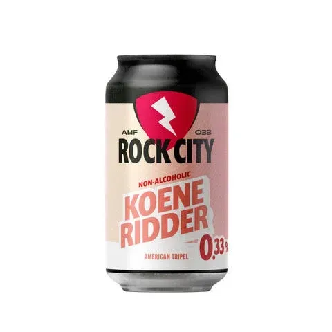 Blik Rock City Koene Ridder non-alcoholic bier met rood schildlogo en zachtroze etiket met witte en rode accenten