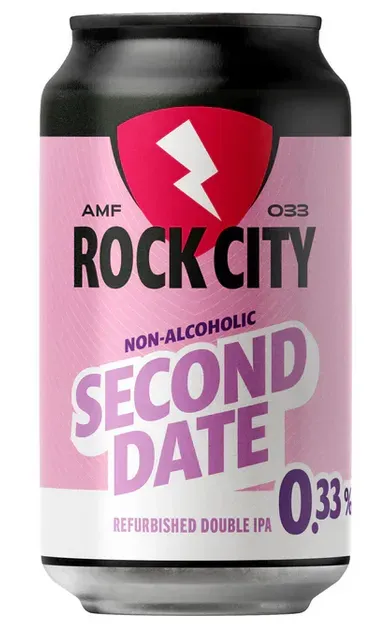 Blik bier Second Date 0.33% van Rock City Brewing met roze design, alcoholvrije double IPA bier met fruitige punch en pit