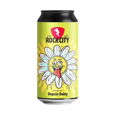 Geel blikje cold IPA bier met een gekke getekende madelief, uitgestoken tong en vrolijke uitstraling