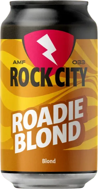 Goudbruin blik Roadie Blond van Rock City. Blond bier met stevige uitstraling en muzikale energie uit Amersfoort.