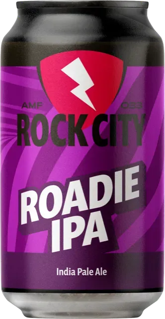 Paars blik Roadie IPA bier van Rock City met bliksemschicht-logo, een krachtige India Pale Ale met energiek bier karakter.