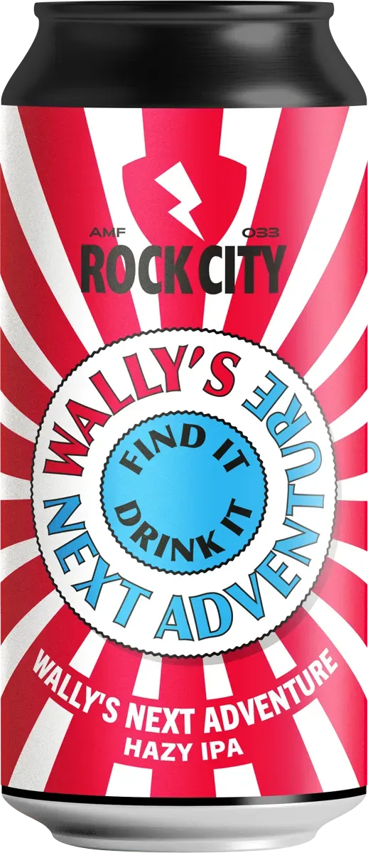 Opvallend bier blik met rood-witte stralen en blauw label in stripstijl – Wally’s Next Adventure is een Hazy IPA bier.